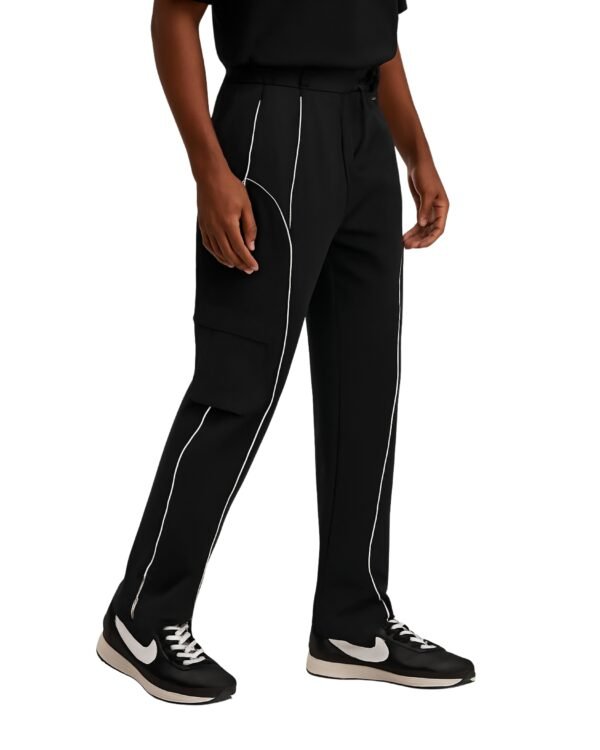 MENHILLS,"Black Tech-Stitch Trousers with Contrast Piping