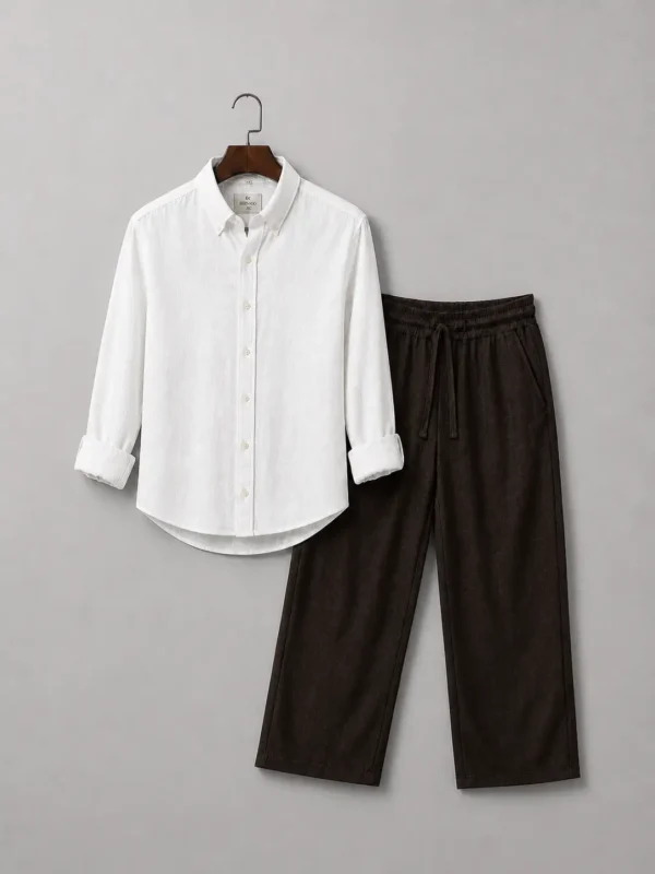 Men's Premium White Linen Shirt & Brown Lilen Pant Combo Set