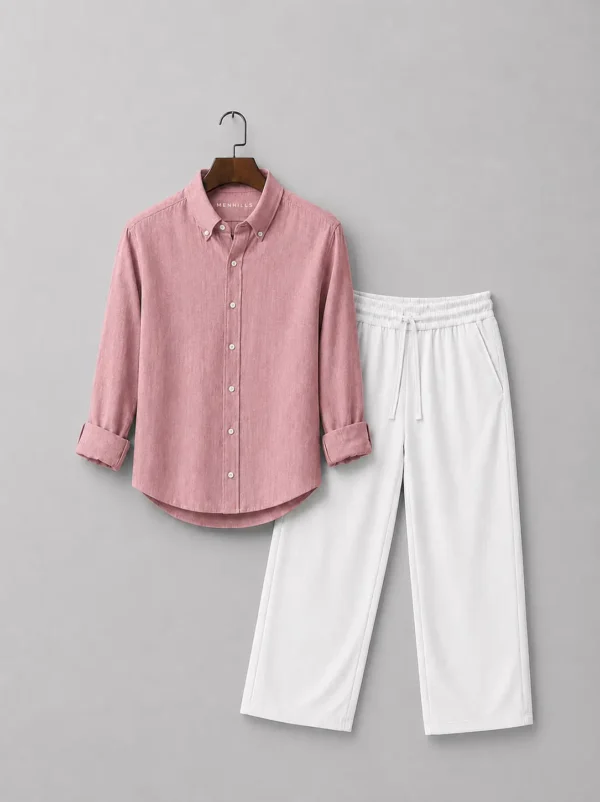 Men's Premium Muted Pink Linen Shirt & White Linen Pant Combo Set