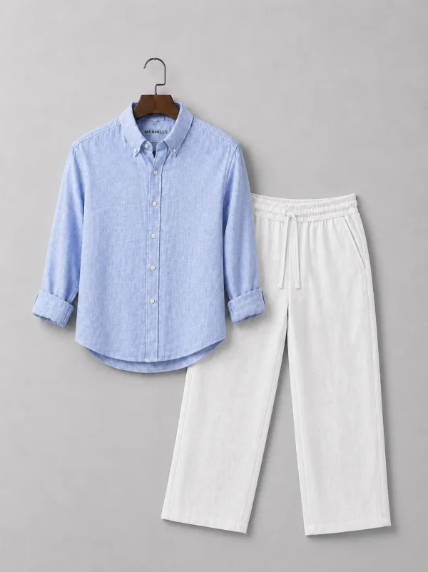 Men's Premium Sky Blue Linen Shirt & White Linen Pant Combo Set
