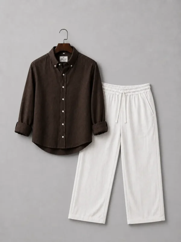 Brown Linen Shirt & White Linen Pant Combo Set